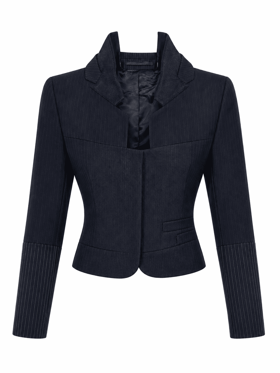 Reconstructed pinstripe upturned lapel collar jacket-Custom(provide measurements at checkout)